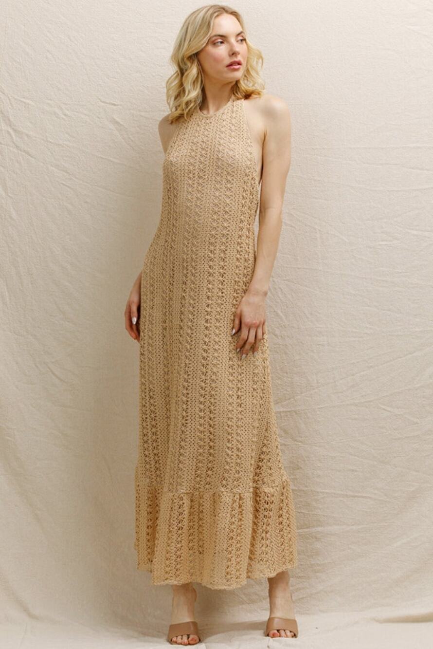 En Creme Tan Crochet Knit Halter Maxi Dress Boho Beach Size S